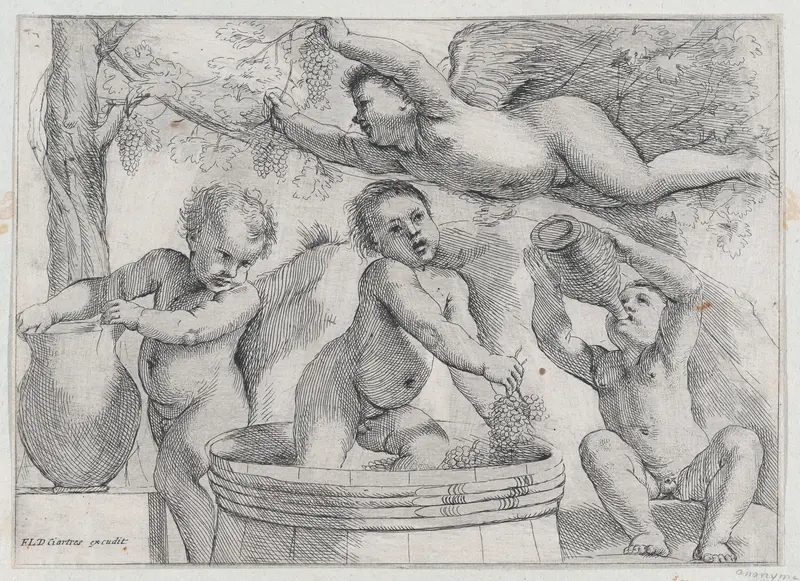 Four Putti Making and Drinking Wine Wall Art by Guercino (Giovanni Francesco Barbieri) - High-Resolution Digital Print