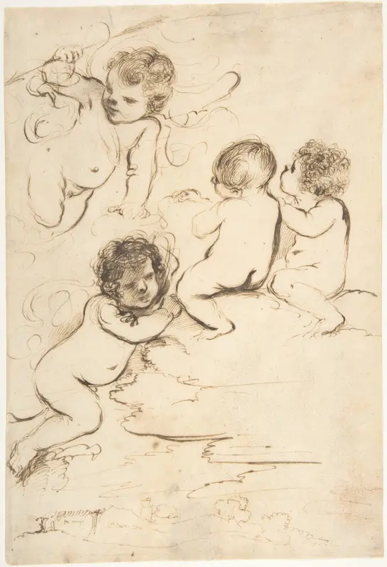 Four Putti with Bow and Arrows on Clouds above a Landscape with a Tower Wall Art by Guercino (Giovanni Francesco Barbieri) - High-Resolution Digital Print