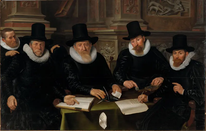 Four Regents and the ‘House Father’ of the Amsterdam Lepers’ Asylum Wall Art by Werner van den Valckert - High-Resolution Digital Print