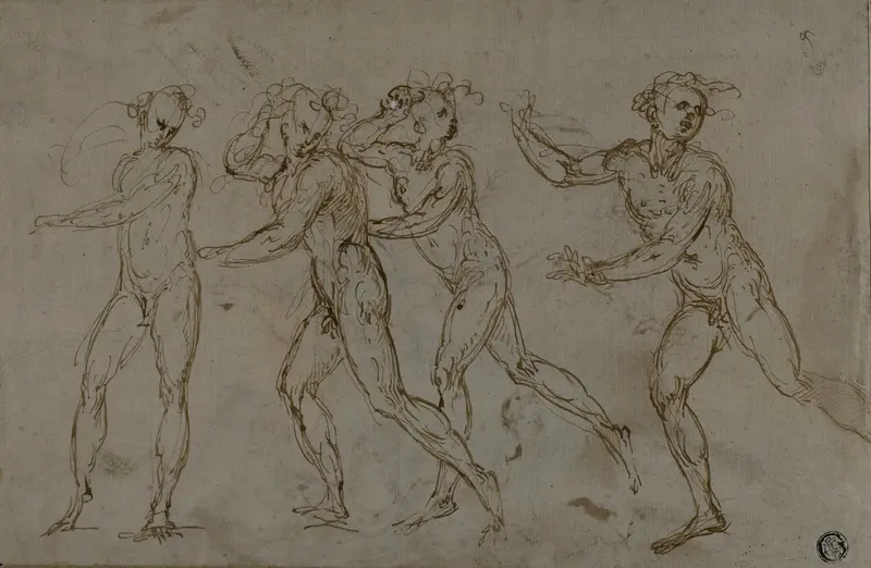 Four Running Male Nudes (recto); Holy Family with the Infant John the Baptist (verso) Wall Art by Unknown - High-Resolution Digital Print