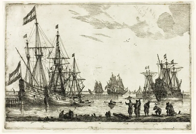 Four Sailing Vessels in a Breakwater, from Thirteen Naval Scenes Wall Art by Reinier Nooms, called Zeeman - High-Resolution Digital Print