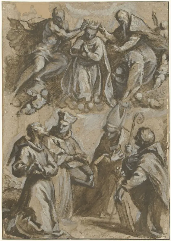 Four Saints in Adoration and the Coronation of the Virgin Mary Wall Art by Jacopo Palma (il Giovane) - High-Resolution Digital Print