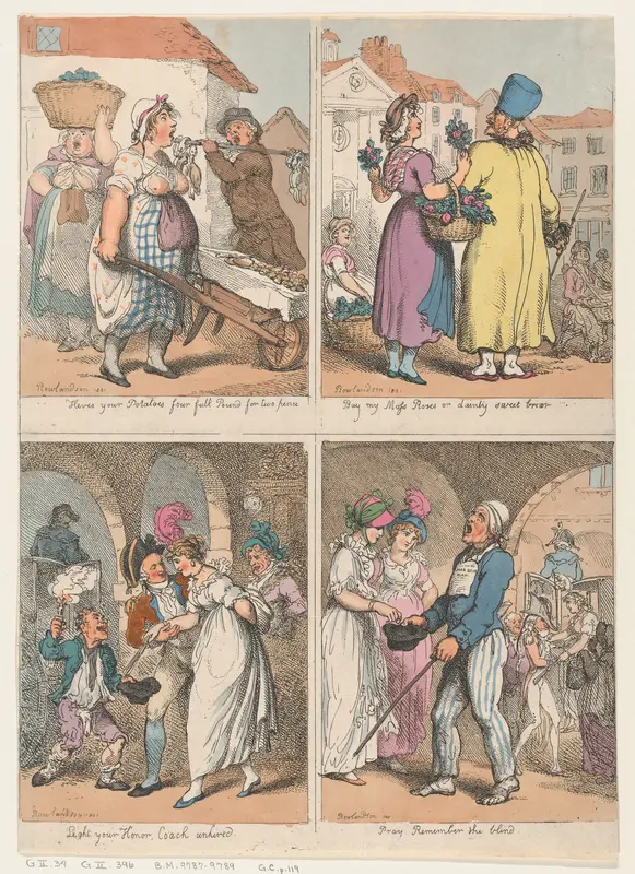 Four Scenes from "Cries of London" Series: Here's your Potatoes...; Buy my Moss Roses...; Light your Honor; Pray Remember the Blind Wall Art by Thomas Rowlandson - High-Resolution Digital Print