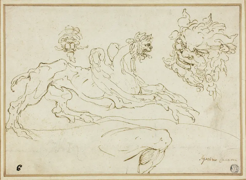 Four Sketches: Griffin, Grotesque Head, Head of Satyr, Bent Leg Wall Art by Agostino Carracci - High-Resolution Digital Print