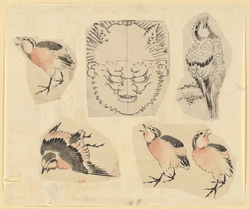 Four sketches of birds and one design for a grotesque mask, mounted together