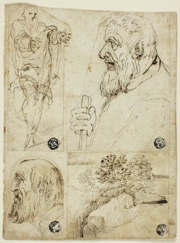 Four Sketches: Standing Male Figure; Profile Bust of Bearded Man; Profile Head of Bearded Man; Landscape Wall Art by Agostino Carracci - High-Resolution Digital Print