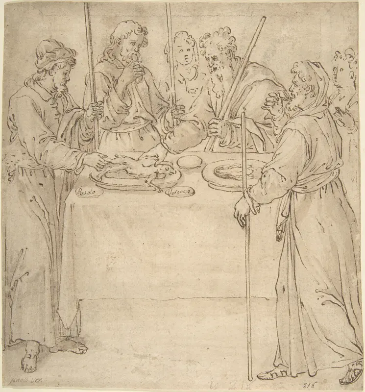 Four Travelers Sharing a Meal? Wall Art by Anonymous, Italian, mid-16th century - High-Resolution Digital Print