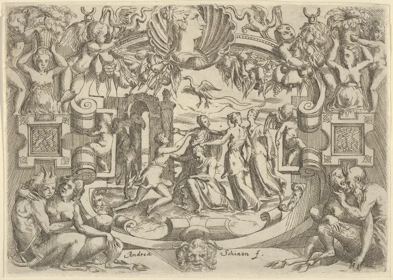 Four women surrounding a seated figure, a bird above them, set within an elaborate frame Wall Art by Battista Angolo del Moro - High-Resolution Digital Print
