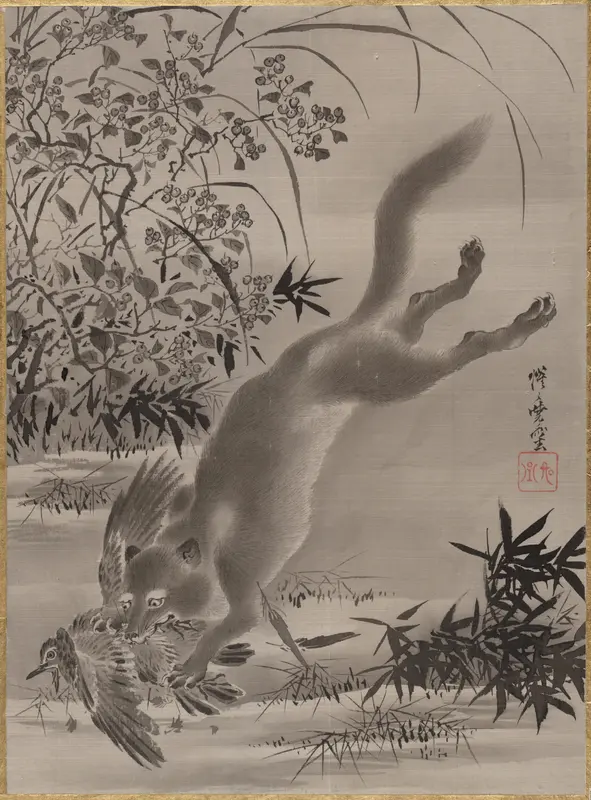 Fox Catching Bird Wall Art by Kawanabe Kyōsai 河鍋暁斎 - High-Resolution Digital Print