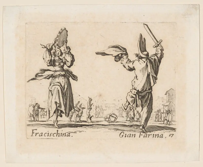 Fracischina and Gian Farina, plate 17 from "Balli di Sfessania" (Dance of Sfessania) Wall Art by Jacques Callot - High-Resolution Digital Print