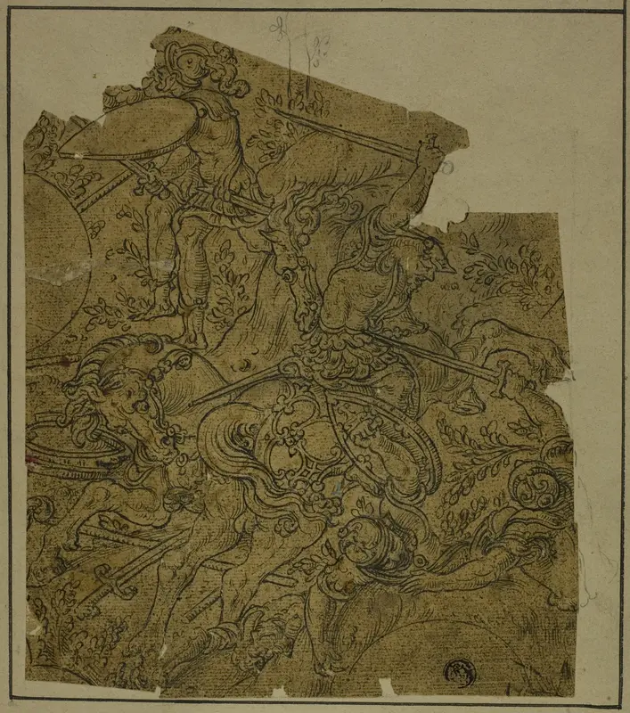 Fragment: Armed Warriors on Horseback Fighting Foot Soldiers Wall Art by Unknown - High-Resolution Digital Print