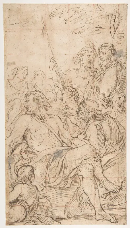 Fragment of a Composition with a Reclining Semi-Nude Man Surrounded by Soldiers and Other Onlookers in a Landscape Wall Art by Luca Giordano - High-Resolution Digital Print