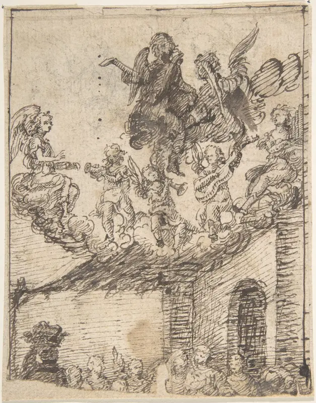 Fragment of Nativity Scene with Music-Making Angels on Clouds Above Wall Art by Anonymous, Spanish, School of Seville, 17th century - High-Resolution Digital Print