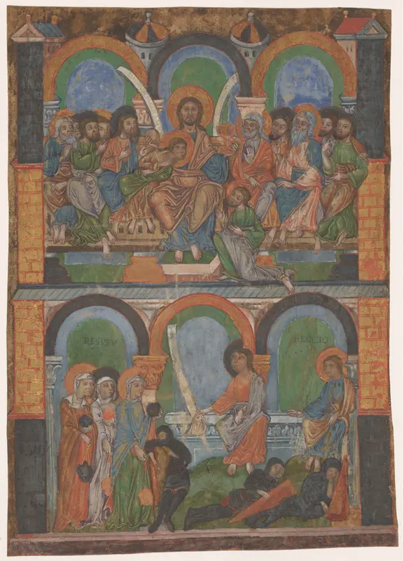 Fragment van een liturgisch boek: het Laatste Avondmaal en de heilige vrouwen bij het graf Wall Art by anonymous - High-Resolution Digital Print