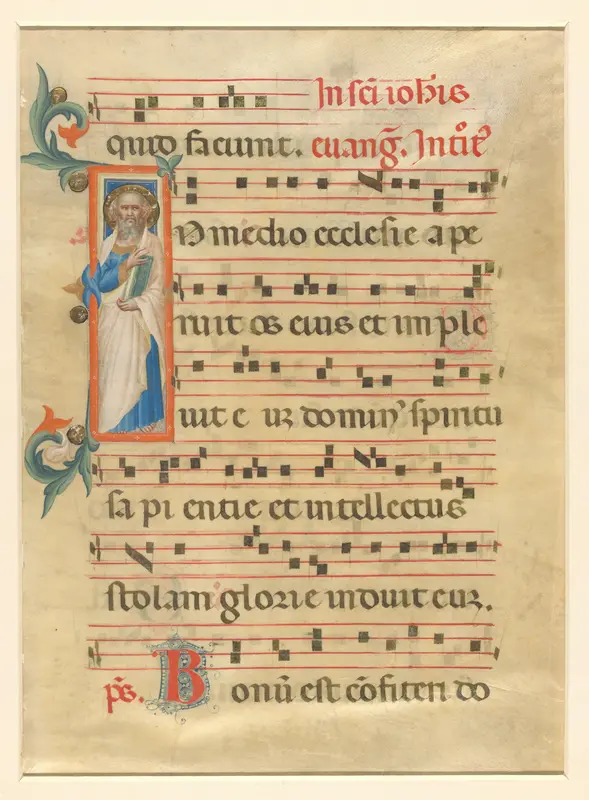 Fragment van een missaal: initiaal met staande evangelist of apostel Wall Art by Lippo Vanni - High-Resolution Digital Print