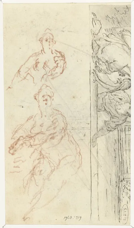 Fragment van een tuinlandschap met figuren en twee studies van een vrouw Wall Art by Unknown - High-Resolution Digital Print
