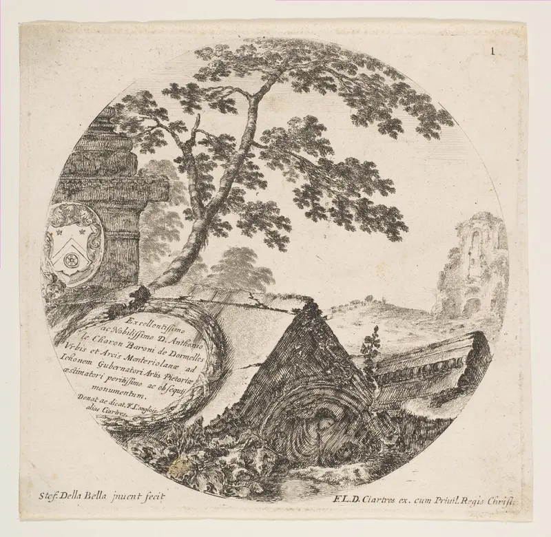 Fragments from ancient monuments, plate 1 from "Roman landscapes and ruins" (Paysages et ruines de Rome) Wall Art by Stefano della Bella - High-Resolution Digital Print