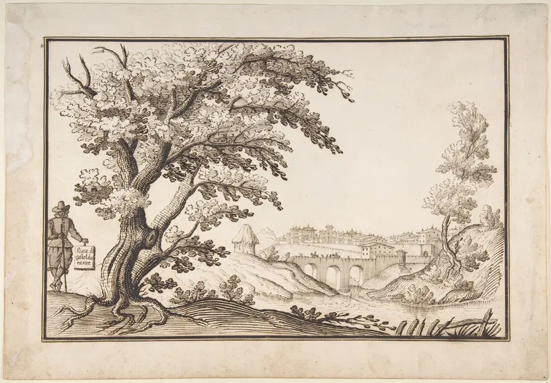 Framed Landscape with a View of Castel Durante with a Figure Holding an Inscribed Plaque in the Foreground Wall Art by Ercole Bazicaluva - High-Resolution Digital Print
