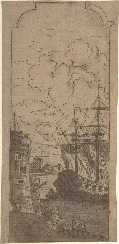 Framed Port scene with two figures Wall Art by Dominique Barrière - High-Resolution Digital Print