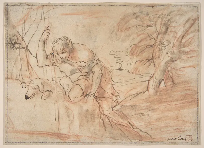 Framed Sketch for a Man, a Dog and a Tree Wall Art by Pier Francesco Mola - High-Resolution Digital Print