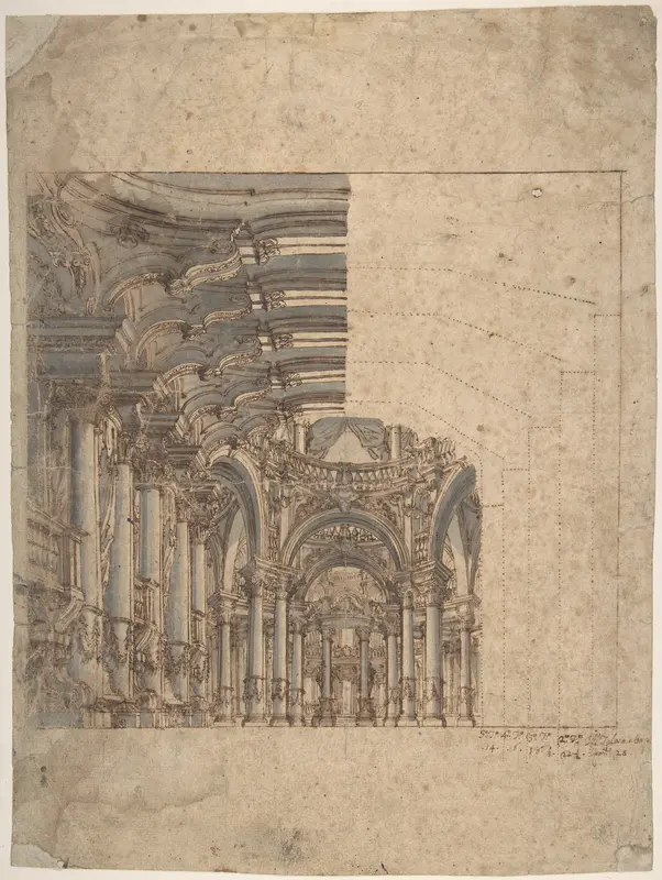 Framed Unfinished Design of a Baroque Church Interior Wall Art by Giovanni Maria Galli Bibiena, the Younger - High-Resolution Digital Print