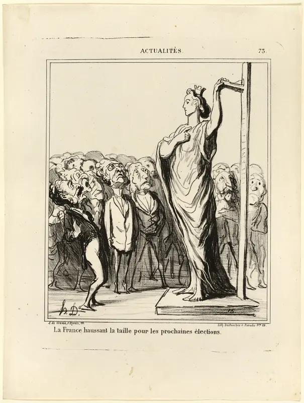 France preparing to get her candidates to pass muster under the measure of standards, plate 73 from Actualités