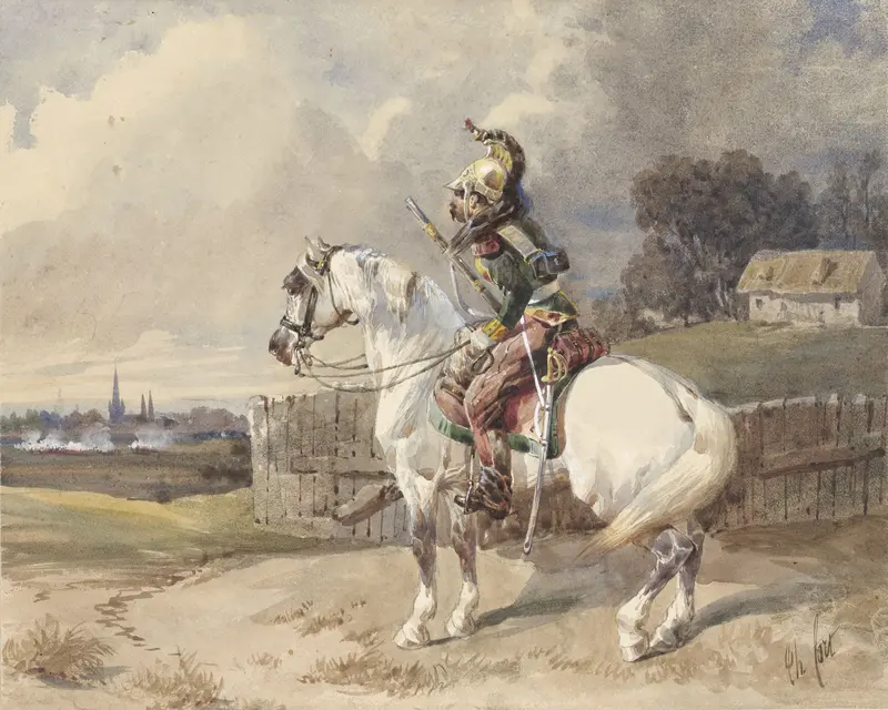 Franse dragonder op een wit paard, links gewend, in profiel Wall Art by Unknown - High-Resolution Digital Print