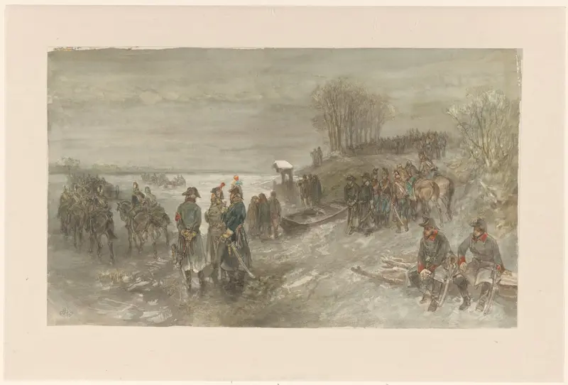 Franse troepen trekken over een bevroren rivier Wall Art by Unknown - High-Resolution Digital Print