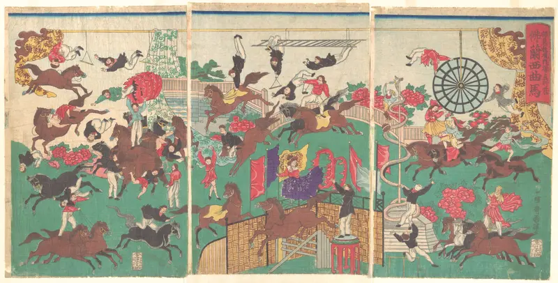 French Equestrian Circus on the grounds of Asakusa Kannon temple  (Asakusa kannon keidai ni oite kōgyō tsukawashi sōrō-Furansu kyokuba)
