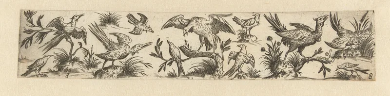 Fries met elf vogels, in het midden staat een grote vogel op een tak Wall Art by Claes Jansz. Visscher, II - High-Resolution Digital Print