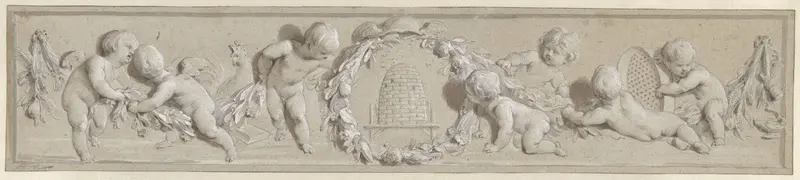 Fries van putti met bloemenkransen gegroepeerd om een bijenkorf Wall Art by Unknown - High-Resolution Digital Print