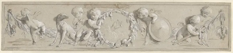Fries van putti met bloemenkransen gegroepeerd om een hand die een ring vasthoudt Wall Art by Unknown - High-Resolution Digital Print