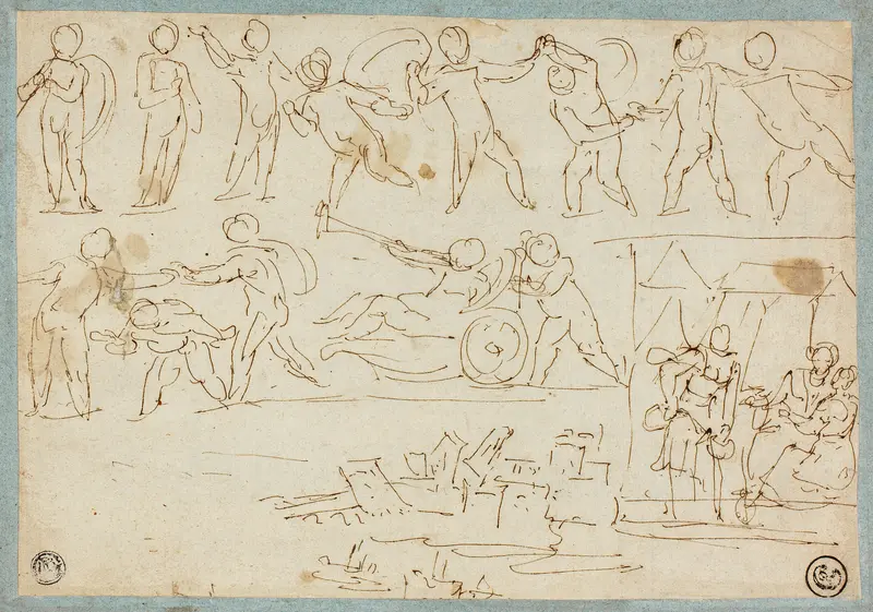 Frieze of Putti, Sketch of Lot and His Daughters, Sketch of Buildings Wall Art by Agostino Carracci - High-Resolution Digital Print
