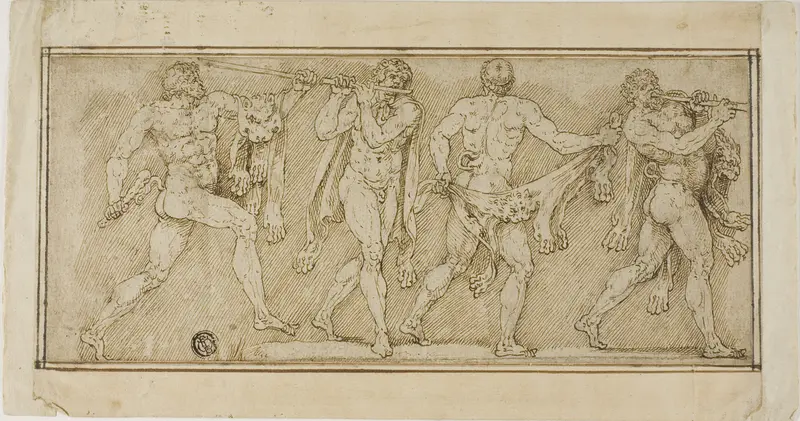 Frieze of Satyrs Wearing Lion Skins and Playing Pipes Wall Art by Lambert Lombard - High-Resolution Digital Print