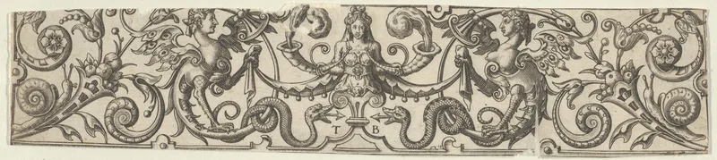 Frieze with Half-Length Female Figure Holding Two Horns at Center Wall Art by Johann Theodor de Bry - High-Resolution Digital Print