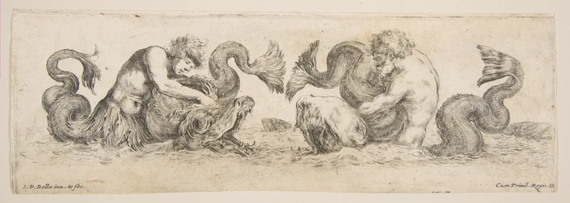 Frieze with Tritons and Dolphins, plate 13 from "Decorative friezes and foliage" (Ornamenti di fregi e fogliami) Wall Art by Stefano della Bella - High-Resolution Digital Print