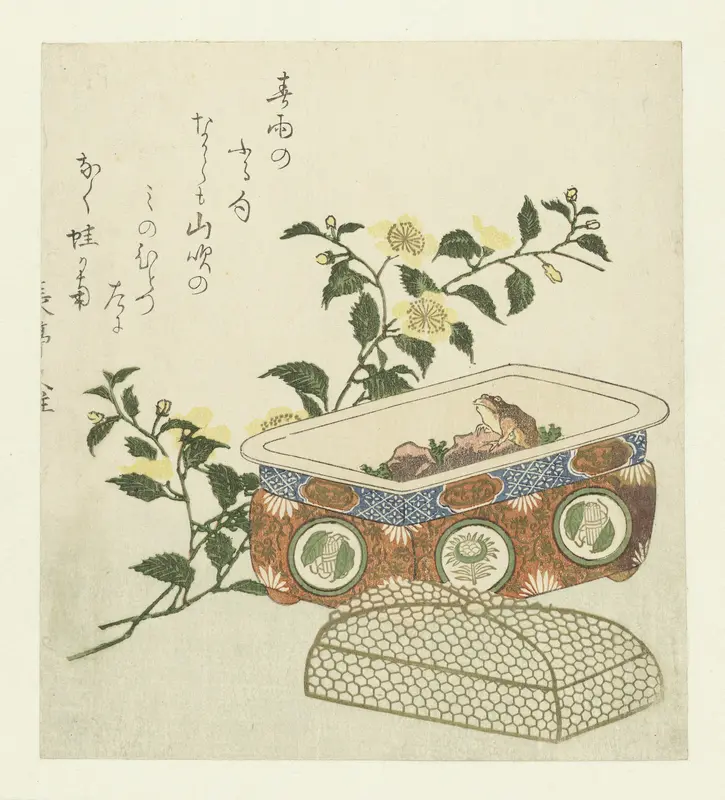 Frog and Spray of Kerria Japonica Wall Art by Unknown - High-Resolution Digital Print