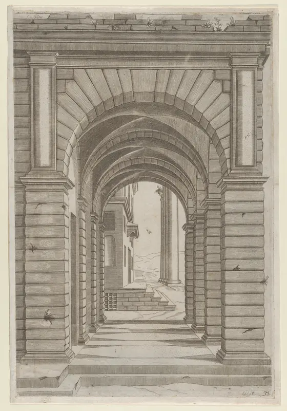 Front of a Building seen sideways through an arcade of four arches on its left front, from "Speculum Romanae Magnificentiae" Wall Art by Anonymous - High-Resolution Digital Print