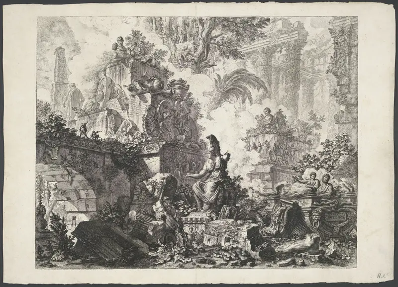 Frontispice met fantasieruïnes en sculptuur van Minerva Wall Art by Unknown - High-Resolution Digital Print