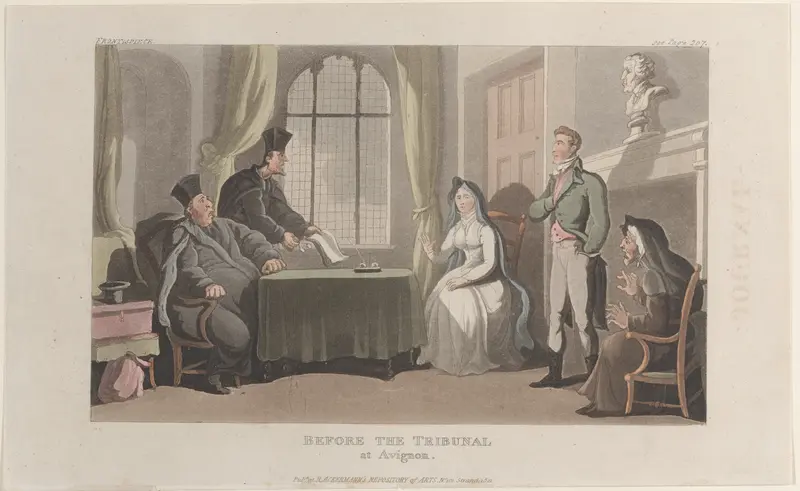 Frontispiece: Before the Tribunal at Avignon, from "Journal of Sentimental Travels in the Southern Provinces of France, Shortly Before the Revolution" Wall Art by Thomas Rowlandson - High-Resolution Digital Print