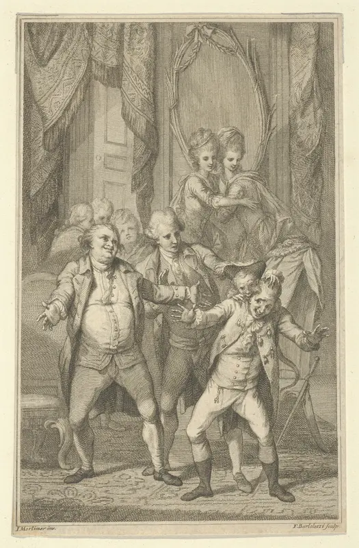 Frontispiece for Fanny Burney's "Evelina": Mr. Lovel Bitten in the Ear by Captain Mirvan's Monkey, vol. III Wall Art by Francesco Bartolozzi - High-Resolution Digital Print