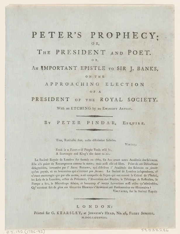 Frontispiece, from Peter's Prophecy, or The President and Poet, by Peter Pindar, Esq. Wall Art by George Kearsley - High-Resolution Digital Print