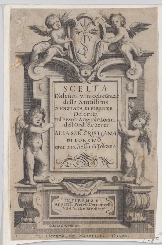 Frontispiece, from Scelta d'Alcuni Miracoli e Grazie della Santissima Nunziata di Firenze (Selection of Some Miracles and Graces that Occurred in the Church of the Annunziata in Florence) Wall Art by Jacques Callot - High-Resolution Digital Print