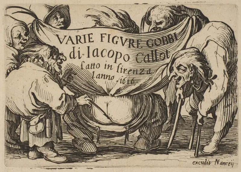 Frontispiece, from "Varie Figure Gobbi, suite appelée aussi Les Bossus, Les Pygmées, Les Nains Grotesques" (Various Hunchbacked Figures, The Hunchbacks, The Pygmes, The Grotesque Dwarfs) Wall Art by Jacques Callot - High-Resolution Digital Print