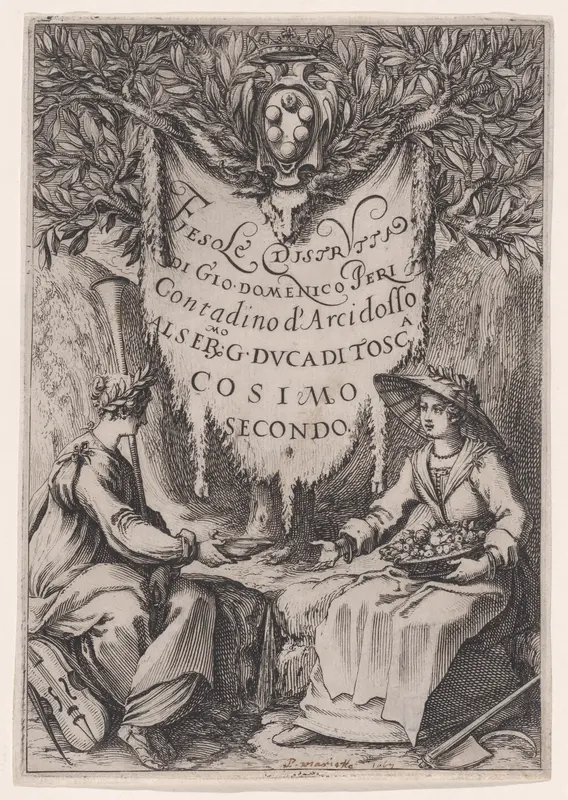 Frontispiece of Fiesole Distrutta, also called La Belle Jardinière, or Poésie et L'Agriculture, or Catakasta Wall Art by Jacques Callot - High-Resolution Digital Print