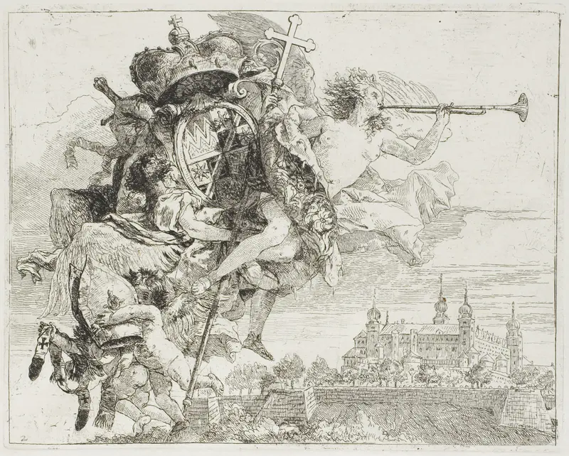 Frontispiece: The Arms of Carl Philipp von Greiffenklau Carried Aloft by an Angel, from The Flight into Egypt Wall Art by Giovanni Domenico Tiepolo - High-Resolution Digital Print