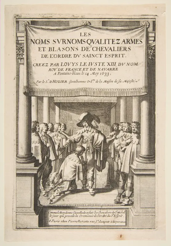 Frontispiece to Pierre d'Hozier's "Les noms surnoms qualitez armes et blasons des chevaliers de l'Ordre du Sainct Esprit" with Louis XIII dubbing a nobleman kneeling before him, in the presence of several other noblemen Wall Art by Abraham Bosse - High-Resolution Digital Print