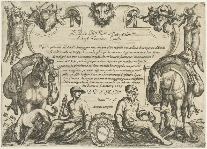 Frontispiece with Hunters, Dogs and Horses, from "Hunting Scenes VI" Wall Art by Antonio Tempesta - High-Resolution Digital Print