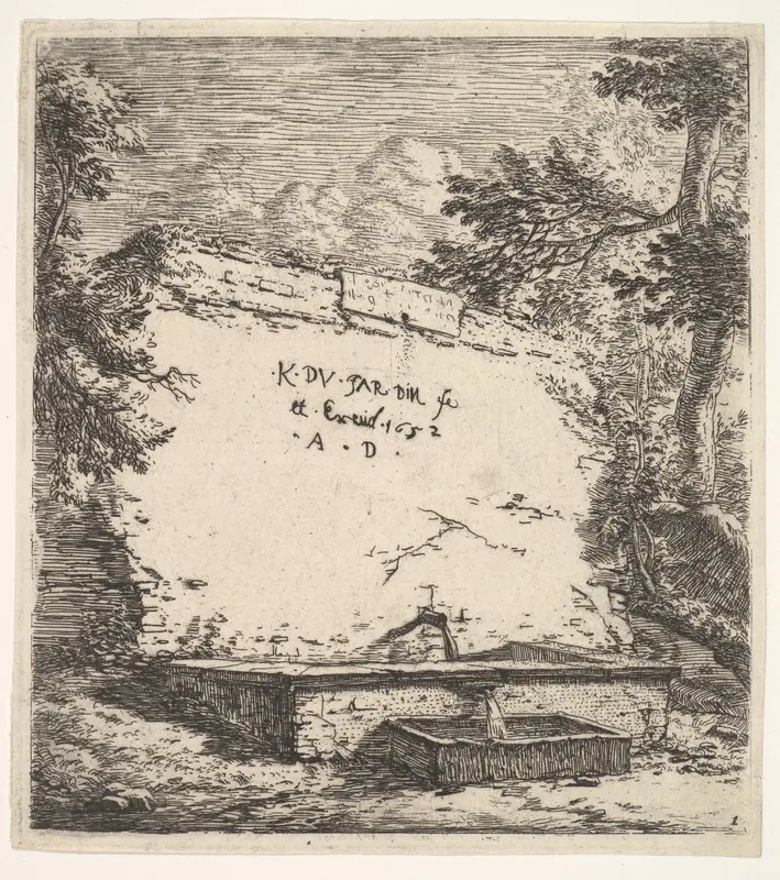 Frontispiece with stepped fountain; a stone wall with water spout pouring water into a rectilinear basin, from which a second spout pours water into a smaller rectilinear basin, flanked by tree branches Wall Art by Karel Dujardin - High-Resolution Digital Print
