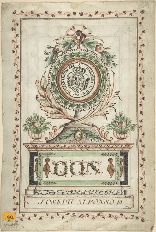 Frontispiece with Vegetal Medallion and Latin Dedication surrounding a Coat of Arms (Recto); Page of Spanish Writing within Border (Verso) Wall Art by Anonymous, Spanish, 18th century - High-Resolution Digital Print